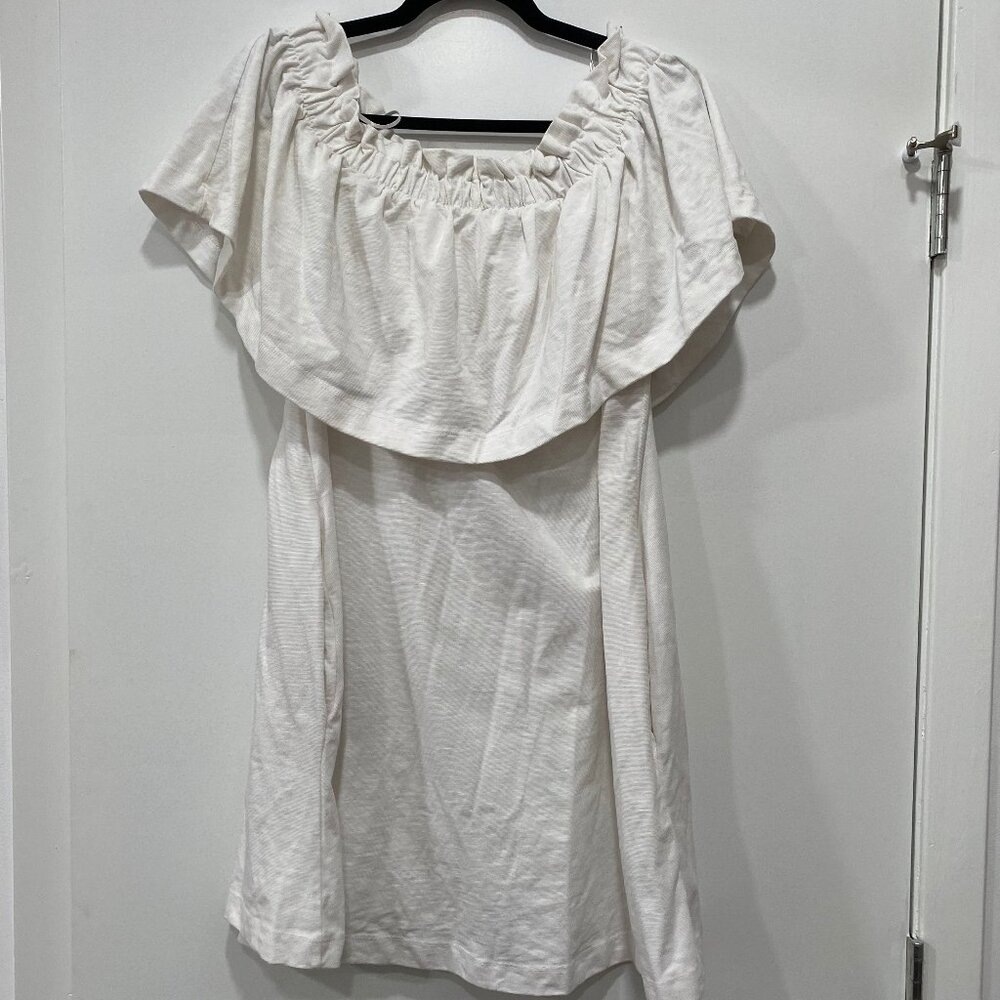 Cotton Blend White Off-Shoulder Mini Ruffle Dress with Pockets, H&M, Size M, EUC
